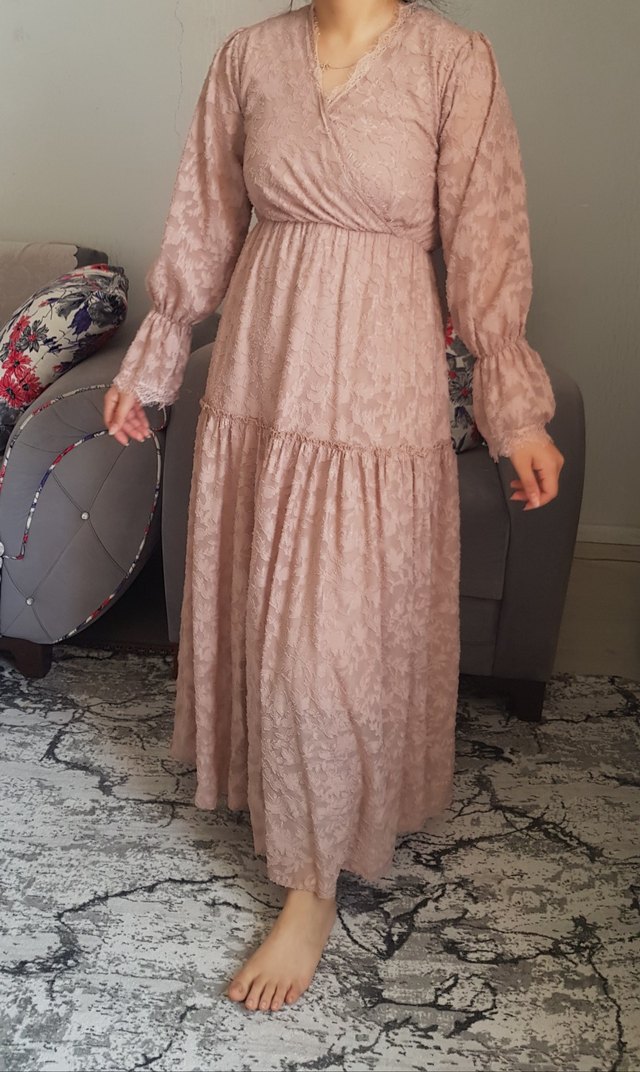 Bej Bohem Uzun Kollu Kadın Elbise - Görsel 5