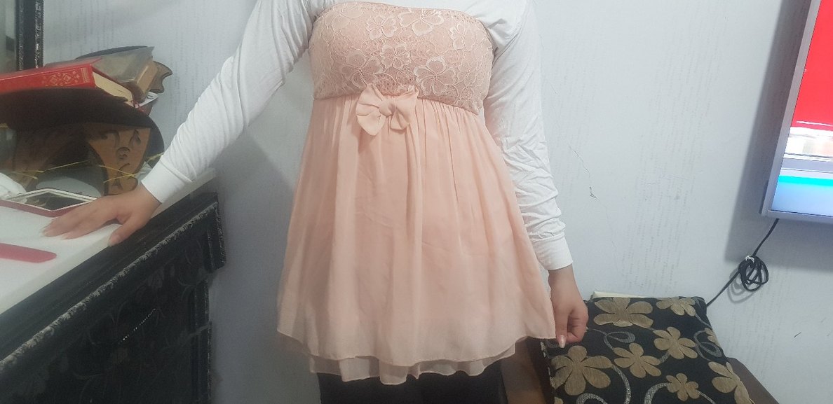 Dantel Detaylı şifon  Pudra Pembe Straplez üst - Görsel 2