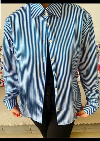 Mavi Çizgili Pamuklu Kadın Gömlek - Görsel 2