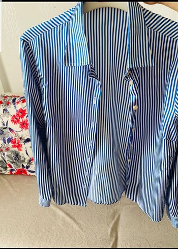 Mavi Çizgili Pamuklu Kadın Gömlek - Görsel 3