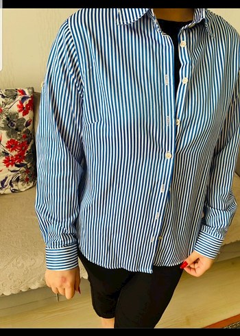 Mavi Çizgili Pamuklu Kadın Gömlek - Görsel 4