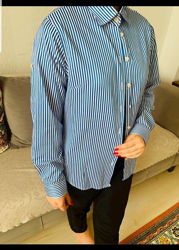 Mavi Çizgili Pamuklu Kadın Gömlek - Görsel 7