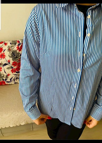 Mavi Çizgili Pamuklu Kadın Gömlek - Görsel 6