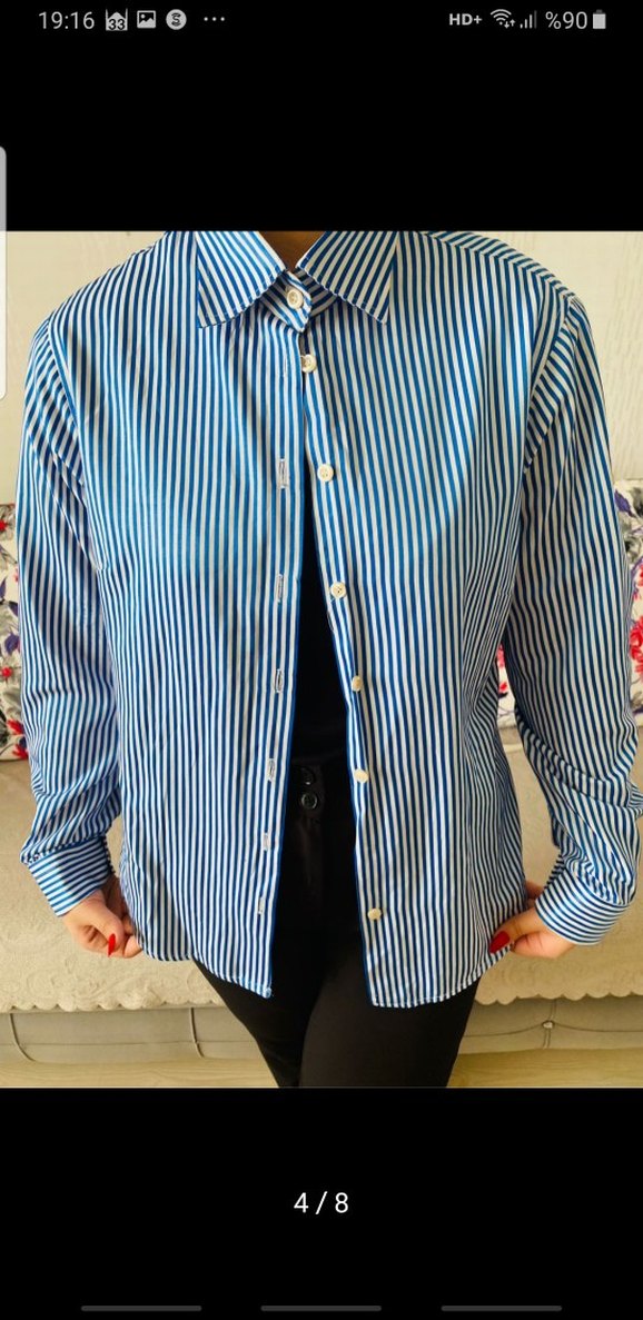 Mavi Çizgili Pamuklu Kadın Gömlek - Görsel 2