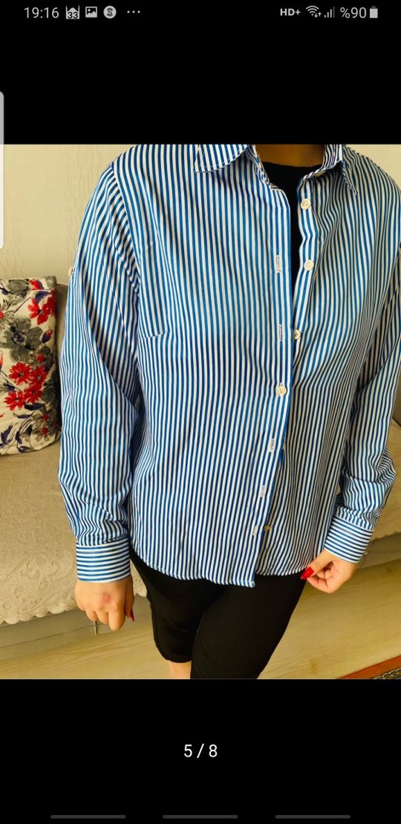 Mavi Çizgili Pamuklu Kadın Gömlek - Görsel 4