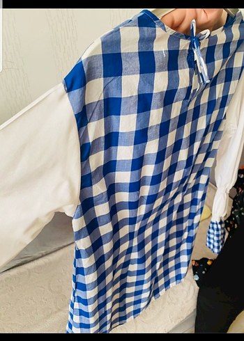 Kızlar için Mavi Kareli Pamuklu Bluz - Görsel 6