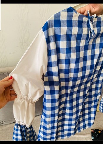 Kızlar için Mavi Kareli Pamuklu Bluz - Görsel 5