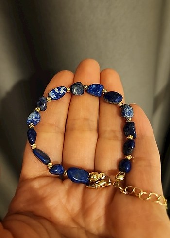 Mavi- Gold Aksesuarlı Akik Doğal Taş Bileklik - Görsel 2