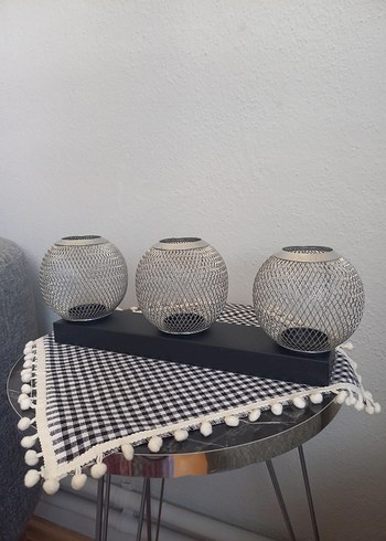 Beden gri Renk Gri Tel Örgü 3'lü Mumluk Seti