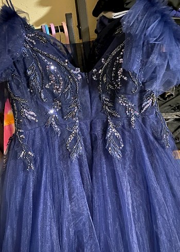 Nakışlı ve Boncuk İşlemeli Lacivert Uzun Abiye - Görsel 2