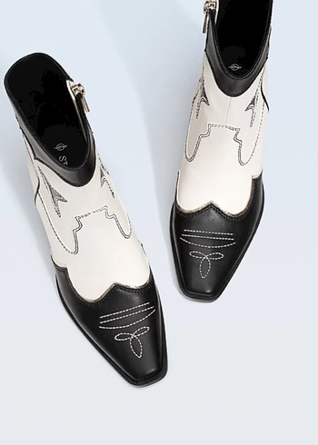 Kadın Beyaz Siyah Deri Topuklu Kovboy Bot - Görsel 2