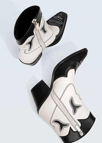 Kadın Beyaz Siyah Deri Topuklu Kovboy Bot - Görsel 3