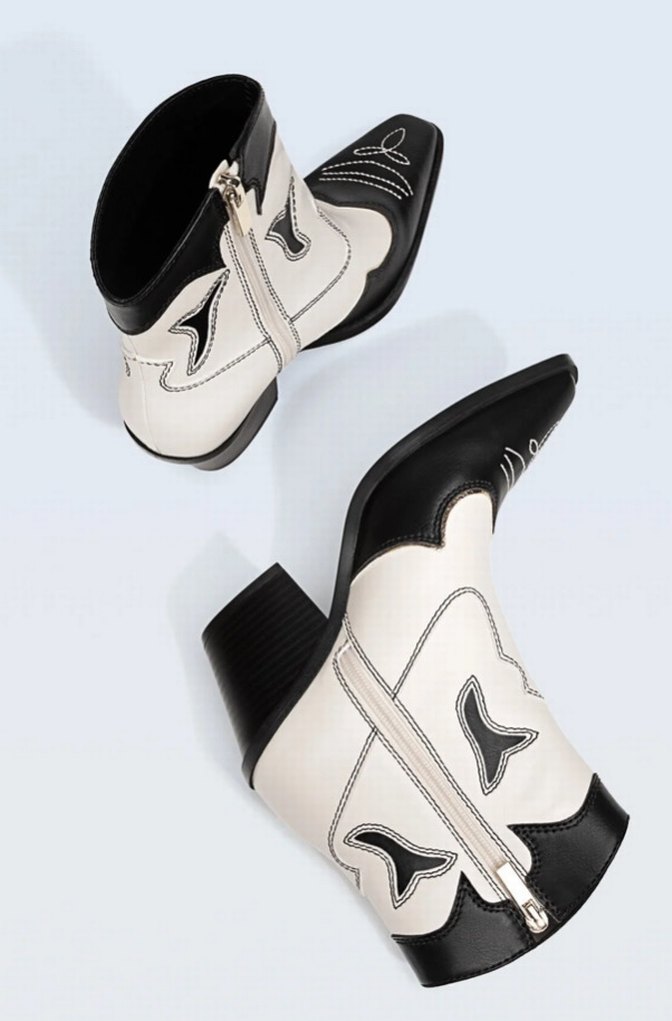 Kadın Beyaz Siyah Deri Topuklu Kovboy Bot - Görsel 3