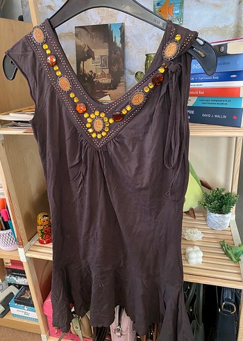 Boncuk İşlemeli Bohem V Yaka vintage Tshirt