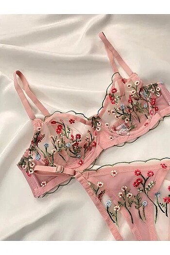 Pembe Renkli Papatya Nakış Bralet Takım