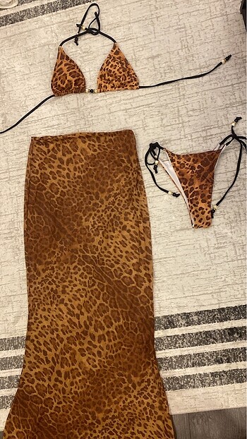 s Beden kahverengi Renk Leoparlı bikini set etek dahil