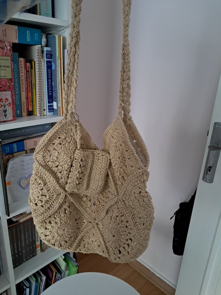 Bej Örgü Dantel Detaylı Bohem Kadın Çanta - Görsel 3