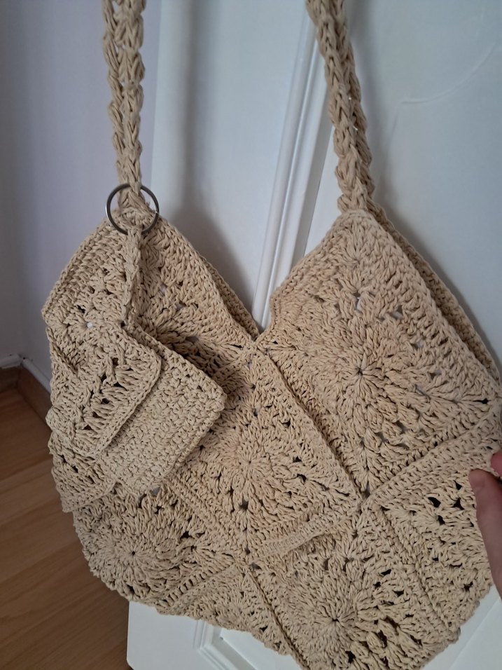 Bej Örgü Dantel Detaylı Bohem Kadın Çanta - Görsel 5
