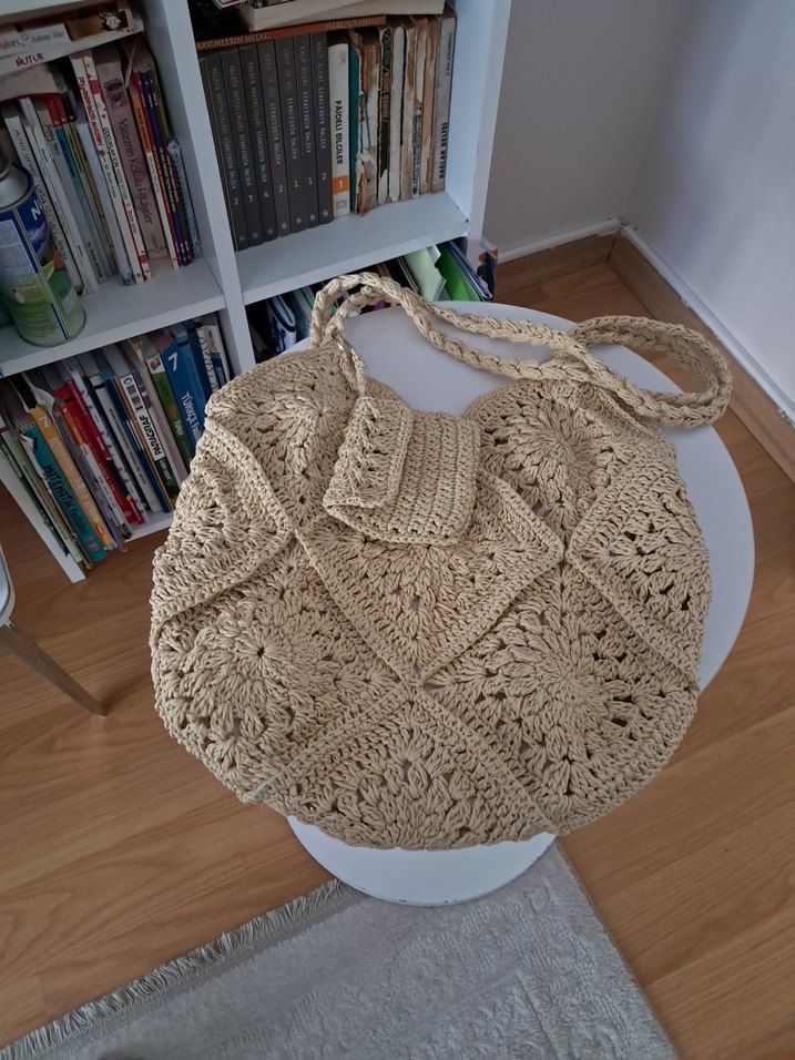 Bej Örgü Dantel Detaylı Bohem Kadın Çanta - Görsel 2