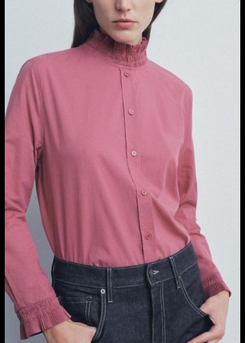 Zara Düğmeli, Yüksek Yakalı Pembe Kadın Gömlek