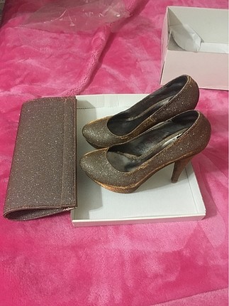 Markasız Ürün Gold yansımalı ayakkabı ve çanta