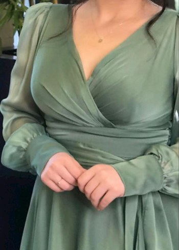 Uzun Kollu V Yaka Salaş Kadın Abiye Elbise - Görsel 2