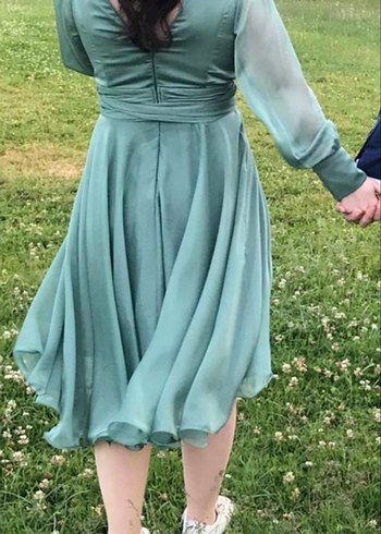 Uzun Kollu V Yaka Salaş Kadın Abiye Elbise - Görsel 3