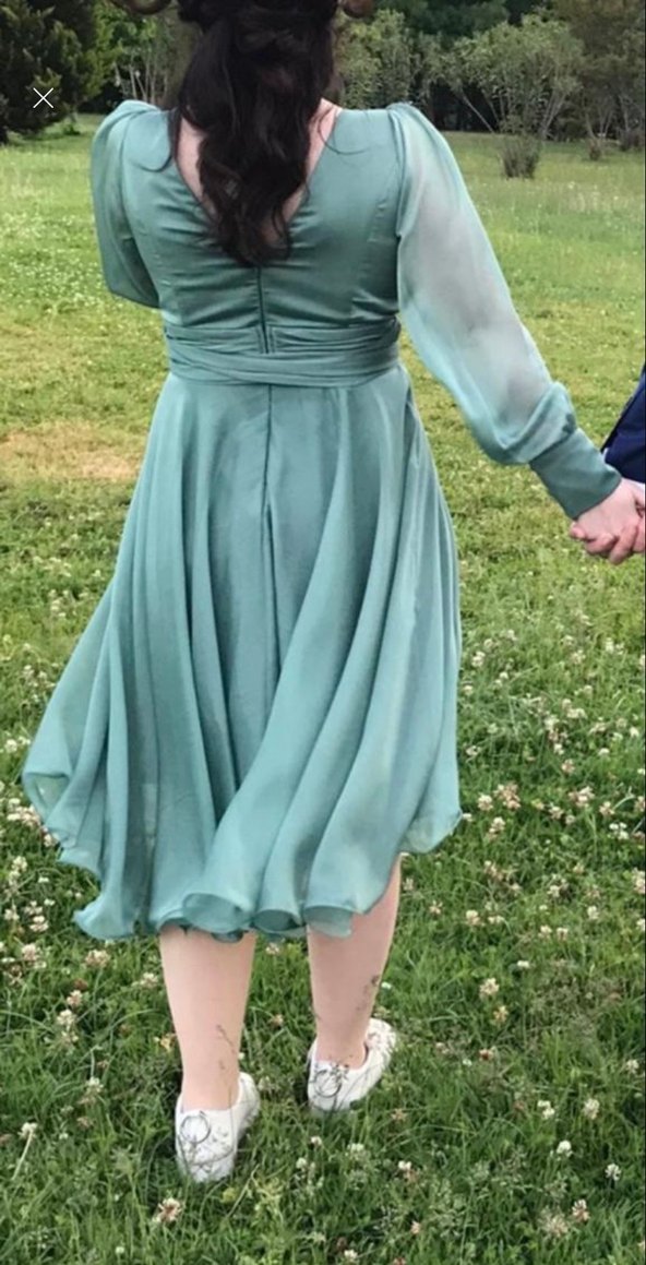 Uzun Kollu V Yaka Salaş Kadın Abiye Elbise - Görsel 3