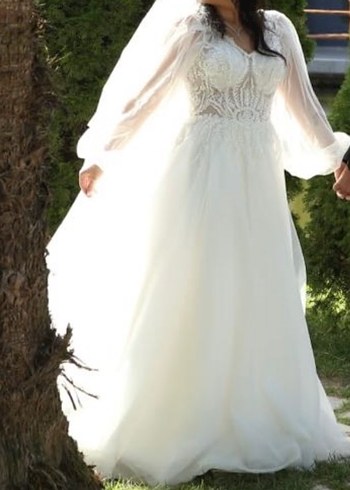 V Yakalı  A Kesim Beyaz Gelinlik - Görsel 4