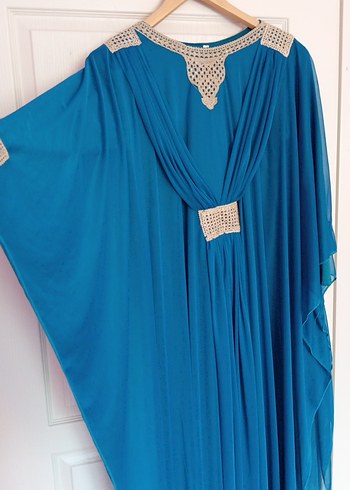 Uzun Turkuaz Rengi Drapeli Bohem Kadın Abiye - Görsel 2