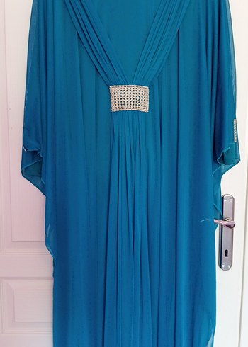 Uzun Turkuaz Rengi Drapeli Bohem Kadın Abiye - Görsel 3