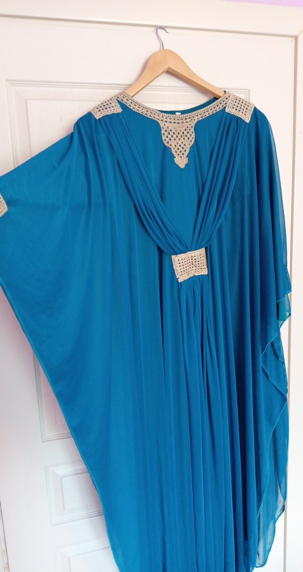 Uzun Turkuaz Rengi Drapeli Bohem Kadın Abiye - Görsel 2