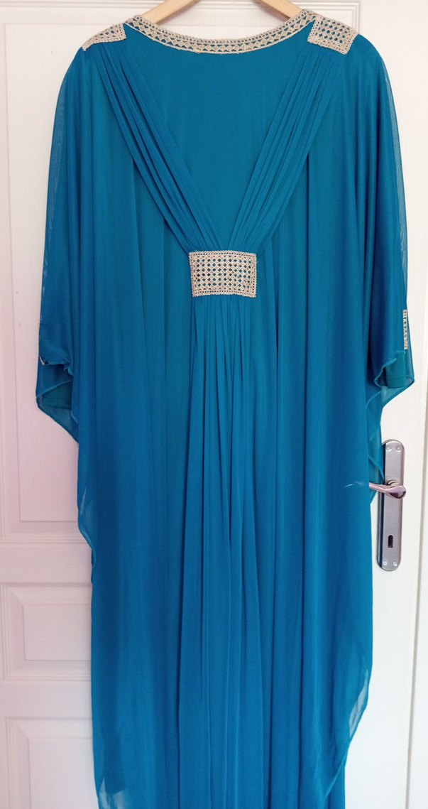 Uzun Turkuaz Rengi Drapeli Bohem Kadın Abiye - Görsel 3