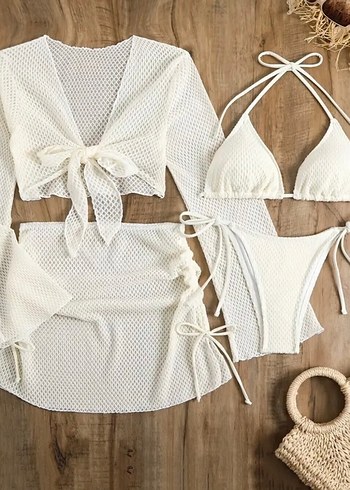 Beyaz Dantel Detaylı Bohem Bikini Takımı