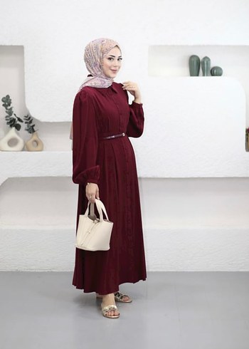 38 Beden bordo Renk Bordo Uzun Kollu Kemerli Kadın Elbise