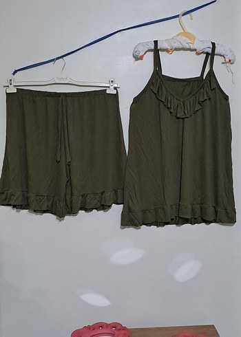 52 Beden Kadın Khaki Mini Askılı Şortlu Pijama Takımı