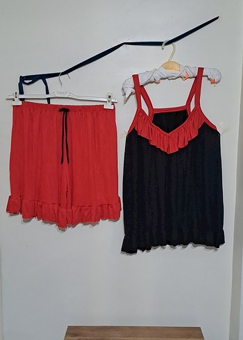 Kırmızı Siyah Mini Askılı Gecelik Takımı - Görsel 2