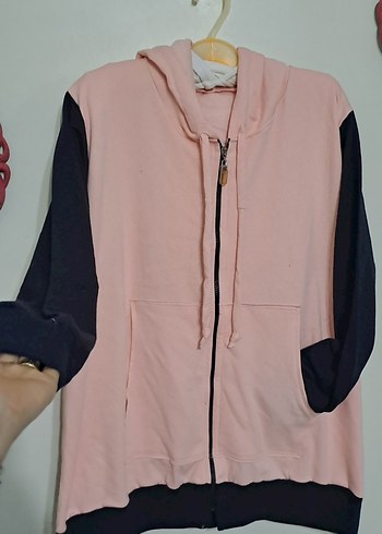 Pembe Siyah Kapüşonlu Fermuarlı Sweatshirt - Görsel 2