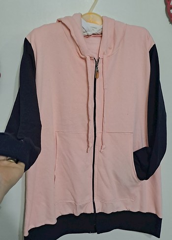 Pembe Siyah Kapüşonlu Fermuarlı Sweatshirt - Görsel 3