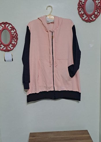 Pembe Siyah Kapüşonlu Fermuarlı Sweatshirt - Görsel 5