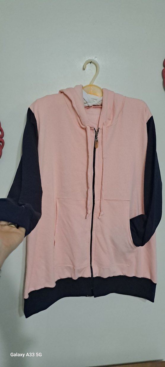 Pembe Siyah Kapüşonlu Fermuarlı Sweatshirt - Görsel 2