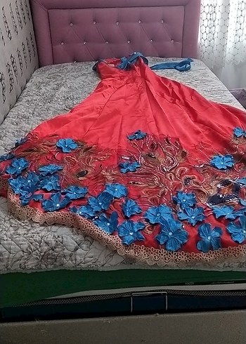 Nakışlı Kırmızı Uzun Straplez Kadın Elbise - Görsel 8