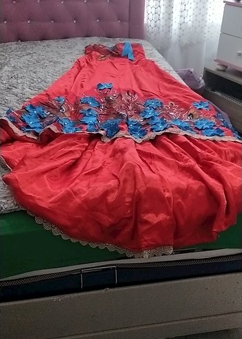 Nakışlı Kırmızı Uzun Straplez Kadın Elbise - Görsel 5