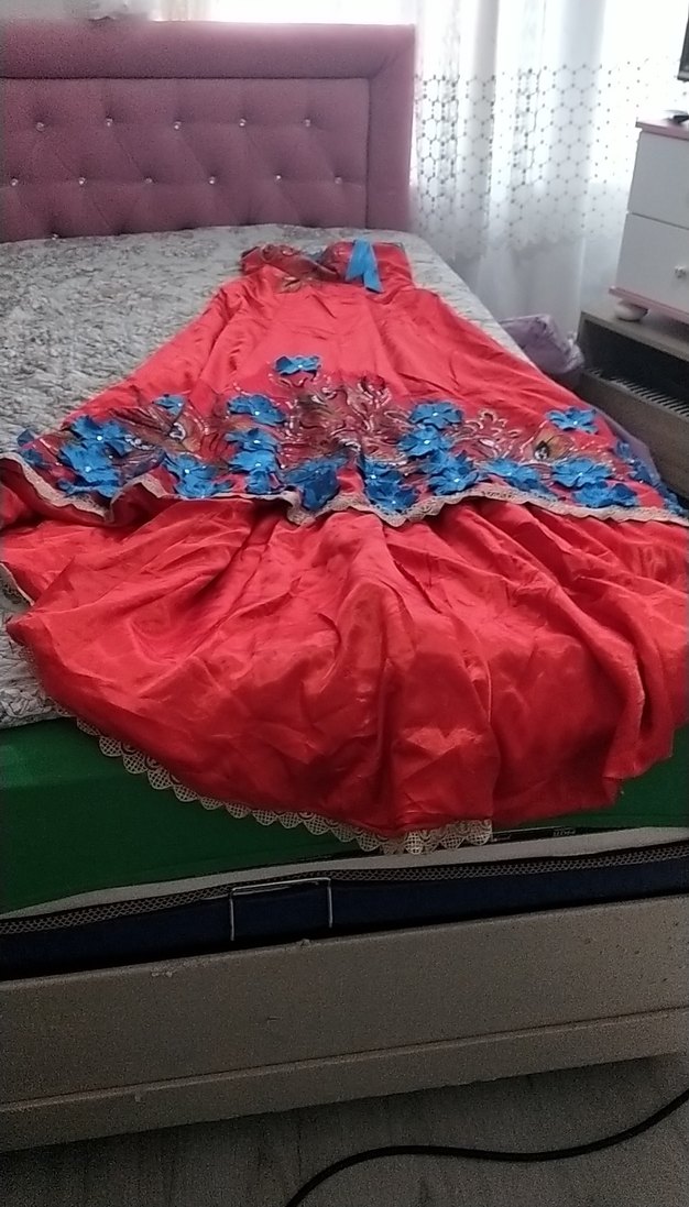 Nakışlı Kırmızı Uzun Straplez Kadın Elbise - Görsel 5