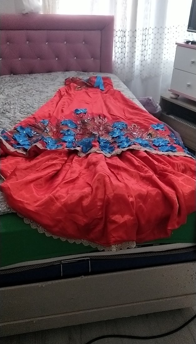 Nakışlı Kırmızı Uzun Straplez Kadın Elbise - Görsel 2