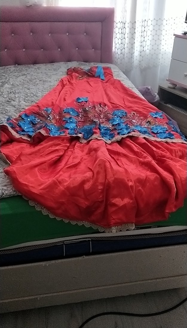 Nakışlı Kırmızı Uzun Straplez Kadın Elbise - Görsel 4