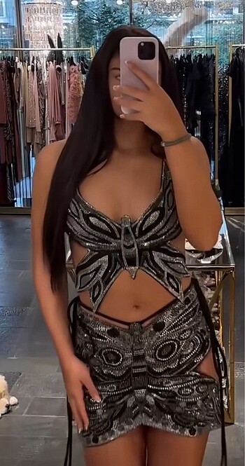 s Beden siyah Renk butterfly taşlı pırıltılı mini etek