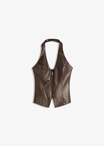 Bershka Halter Yaka Suni Deri Fermuarlı Top - Görsel 3