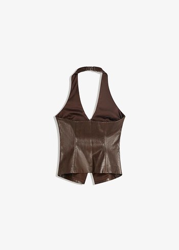 Bershka Halter Yaka Suni Deri Fermuarlı Top - Görsel 4