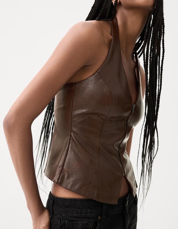 Bershka Halter Yaka Suni Deri Fermuarlı Top - Görsel 2